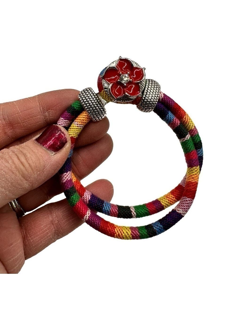 Southwestern Multicolor Cord Snap Jewelry Loop Bracelet Red Floral 18mm Snap NWT